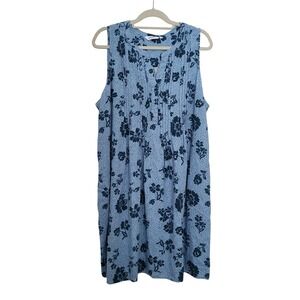 New Sonoma Sleeveless Shift Dress XL Blue Ditsy Floral Pintuck Linen Blend Nwt